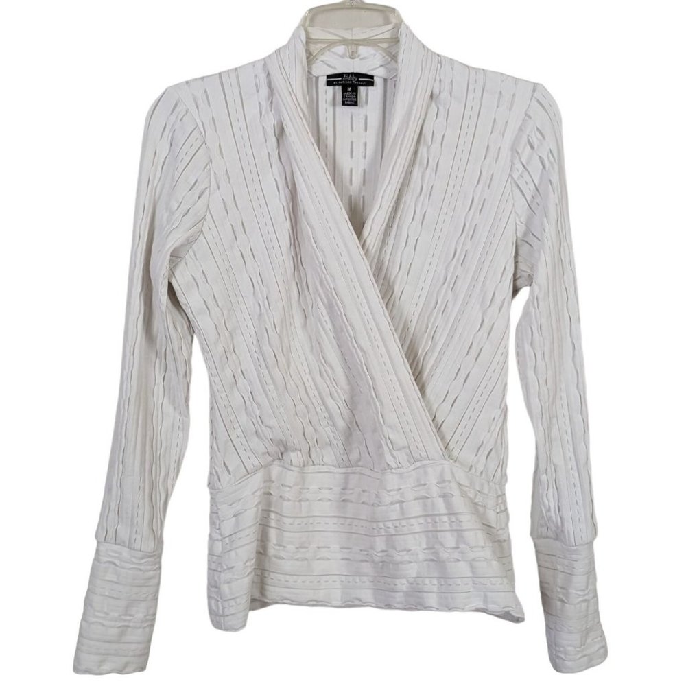 Ebby By Farinaz Taghavi long sleeve wrap‎ front white V neck blouse size M
